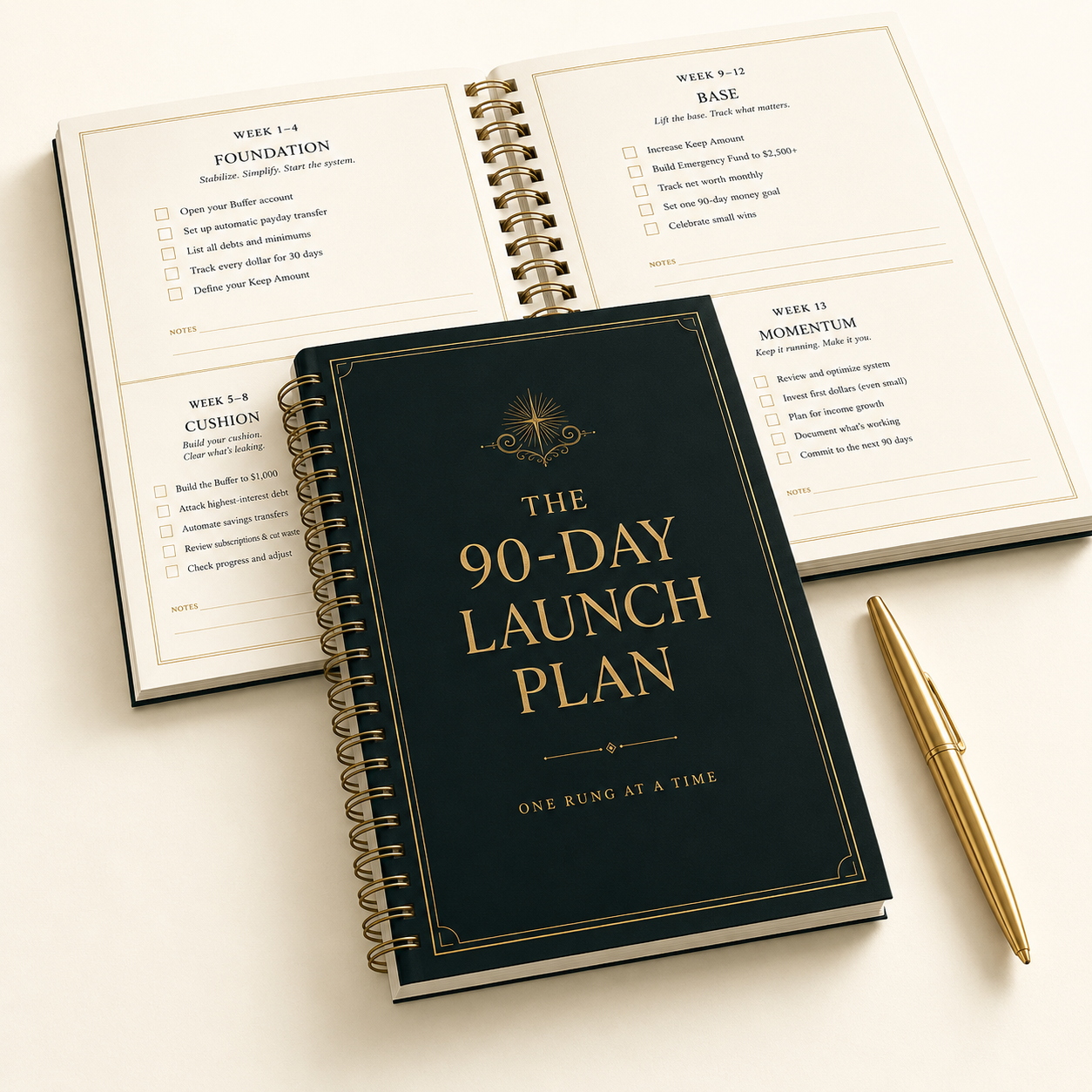 The 90-Day Launch Plan, spiral workbook mockup