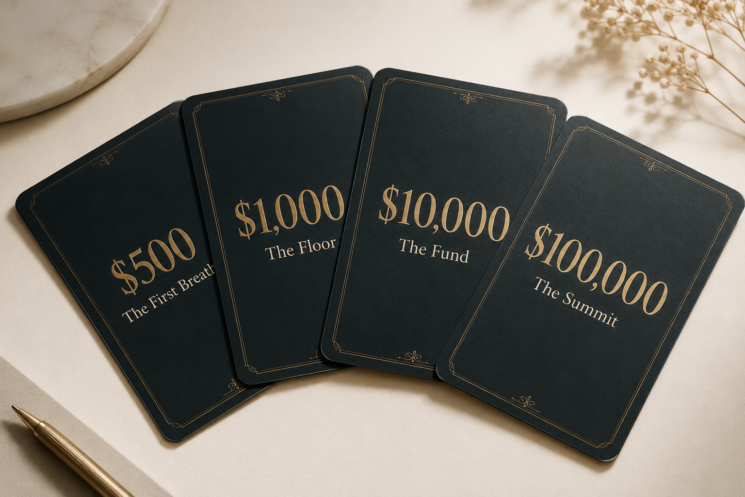 The Milestone Cards, a fan of rung cards from $500 to $100,000